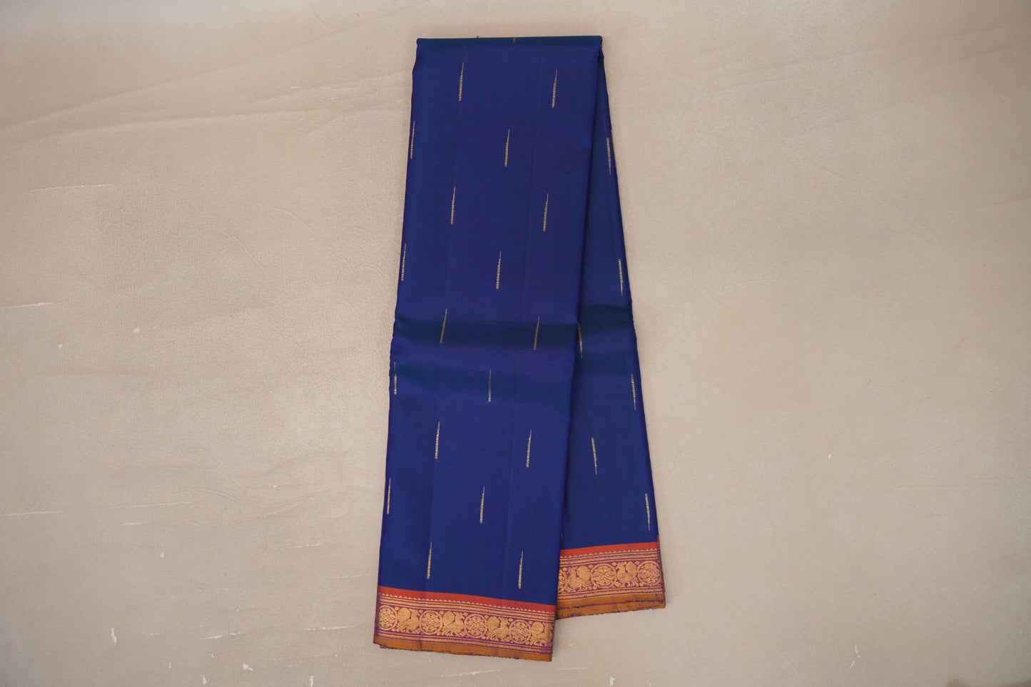 Online Peacock Blue with Orange & Mustard Yellow Selvedge Borders Vintage Kanjivaram Silk Saree