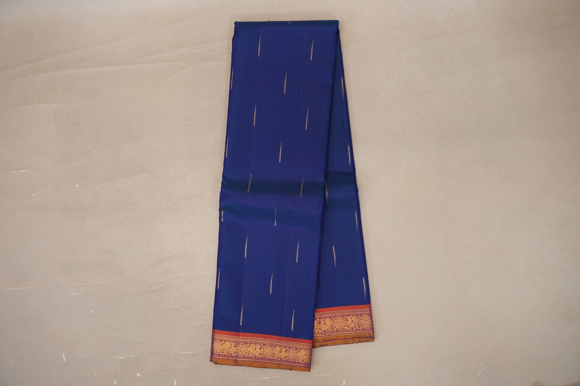 Online Peacock Blue with Orange & Mustard Yellow Selvedge Borders Vintage Kanjivaram Silk Saree