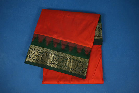 Deep orange with Dark green Borders Ten yards silk saree
