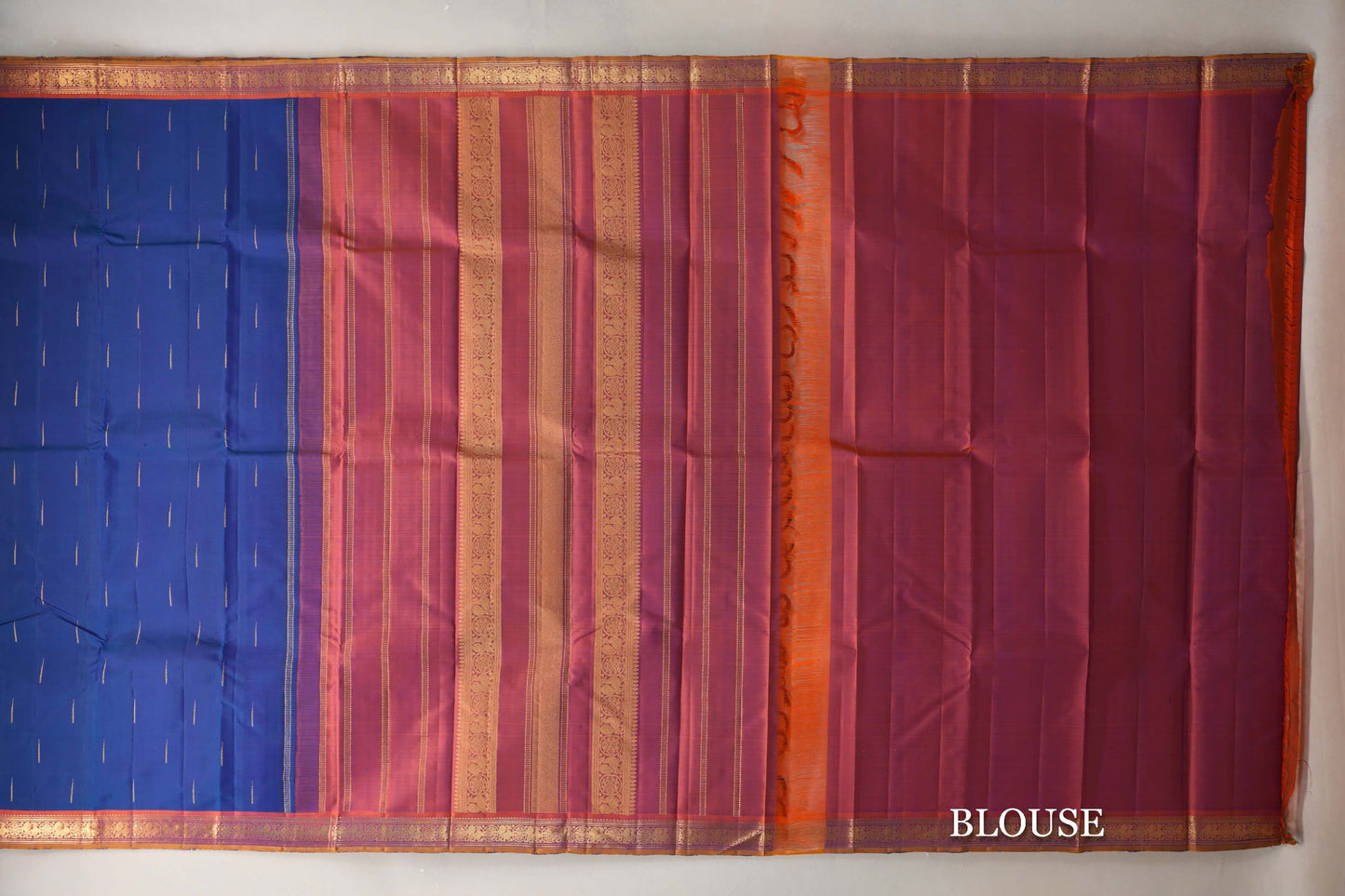 Peacock Blue with Orange & Mustard Yellow Selvedge Borders Vintage Kanjivaram Silk Saree blouse