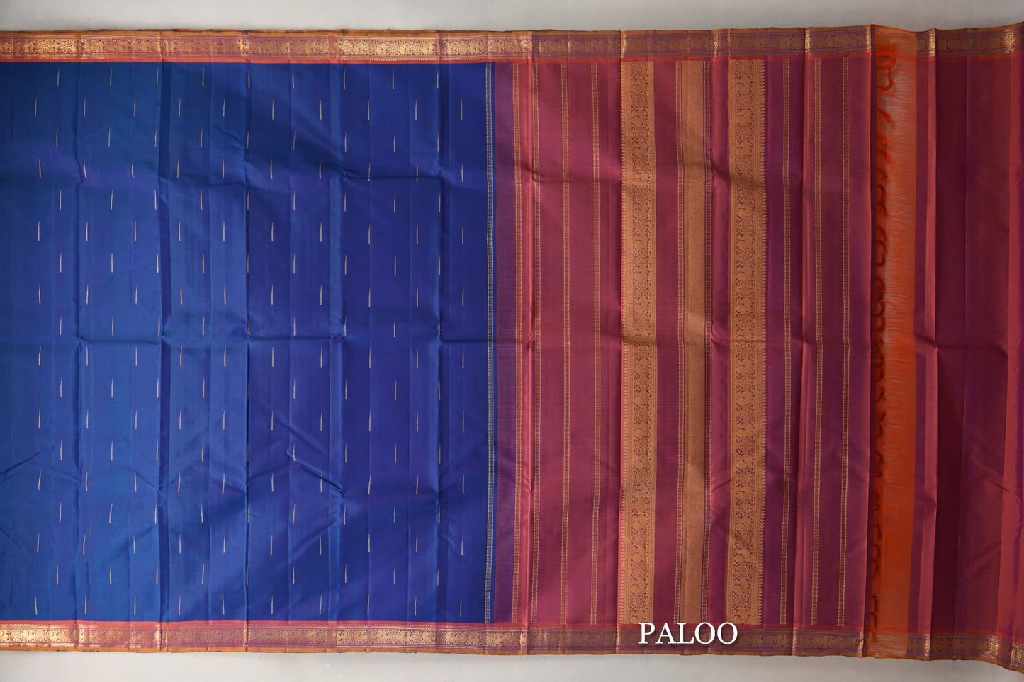 Peacock Blue with Orange & Mustard Yellow Selvedge Borders Vintage Kanjivaram Silk Saree paloo