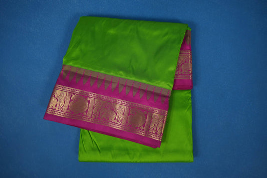 Parrot Green with Pink Borders Ten yards silk saree