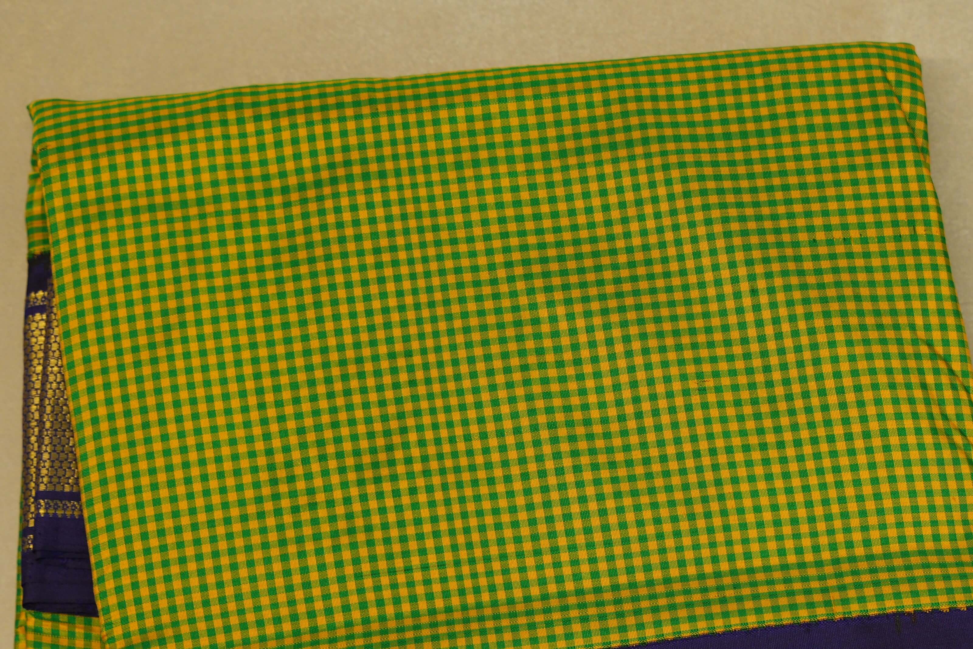 Yellow with Green Checks Ten yards silk saree  body zoom