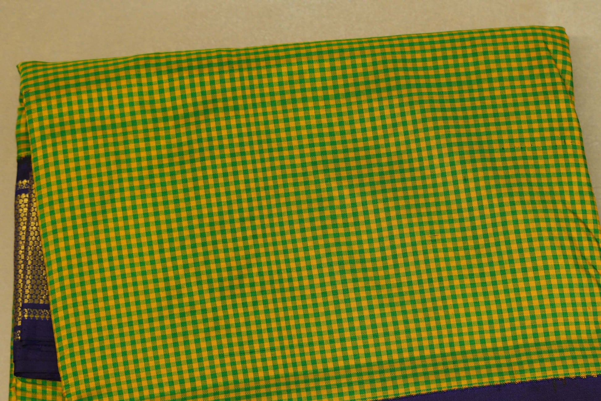 Yellow with Green Checks Ten yards silk saree  body zoom