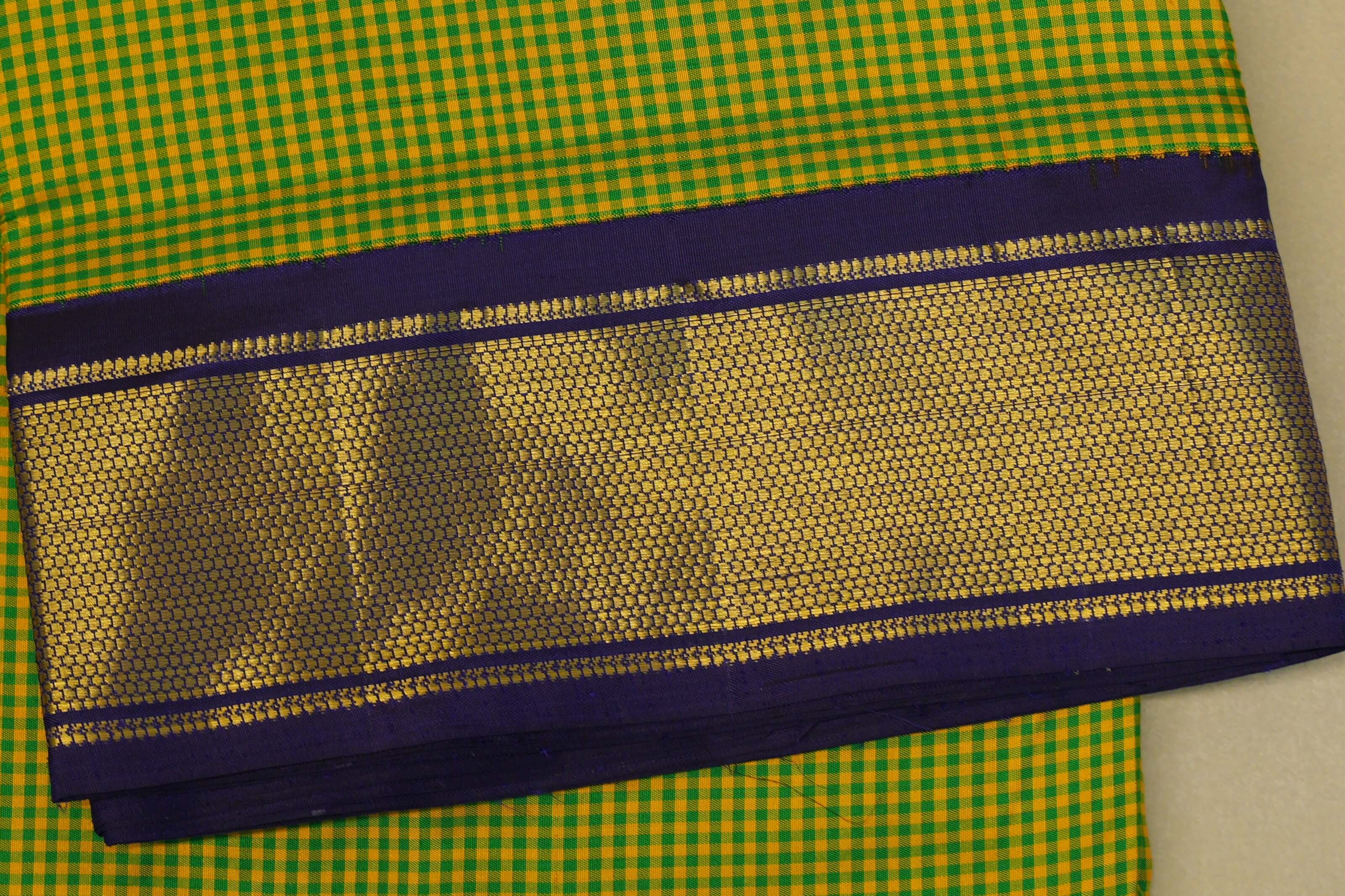 Yellow with Green Checks Ten yards silk saree  border zoom