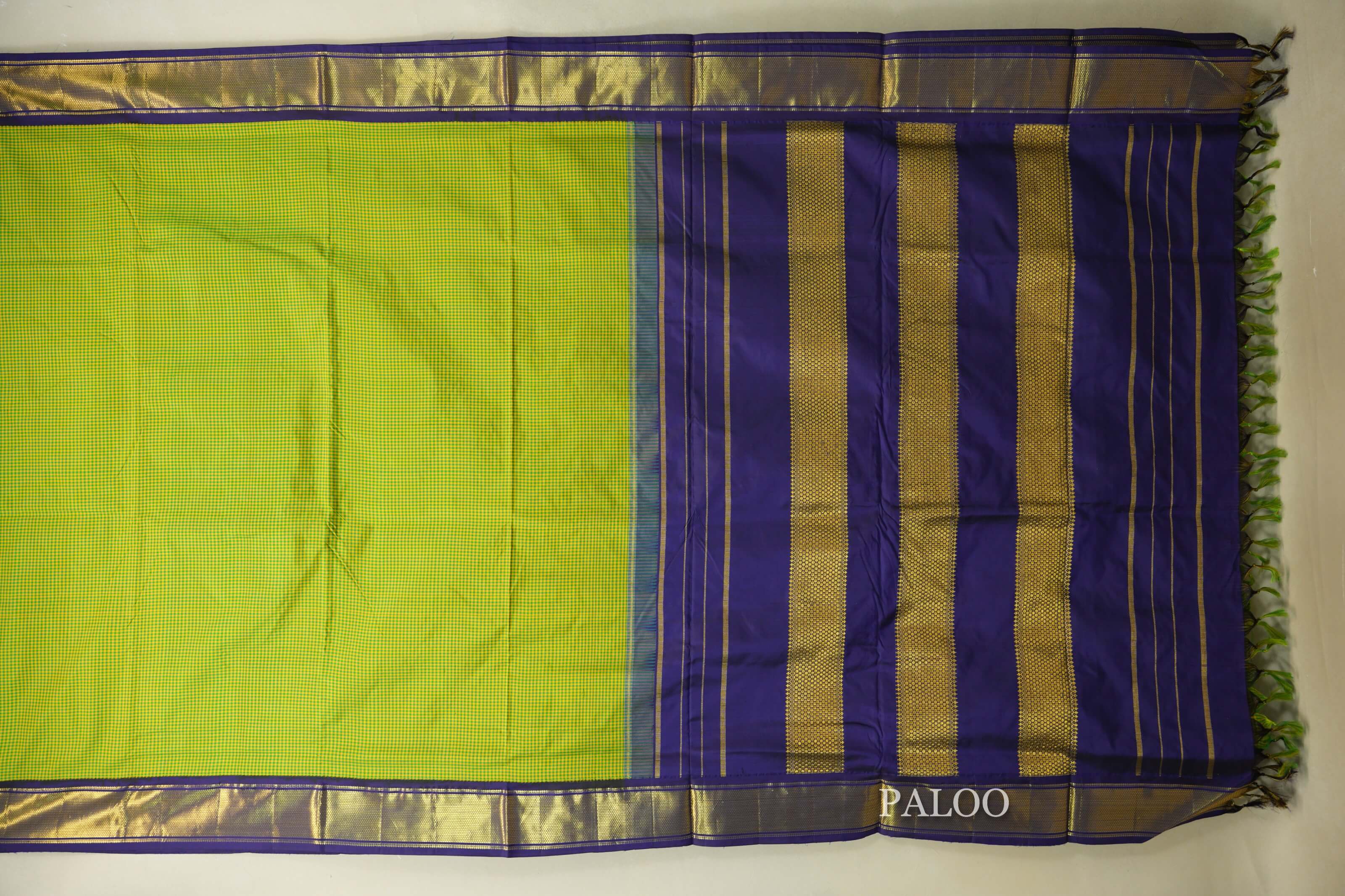 Yellow with Green Checks Ten yards silk saree  paloo