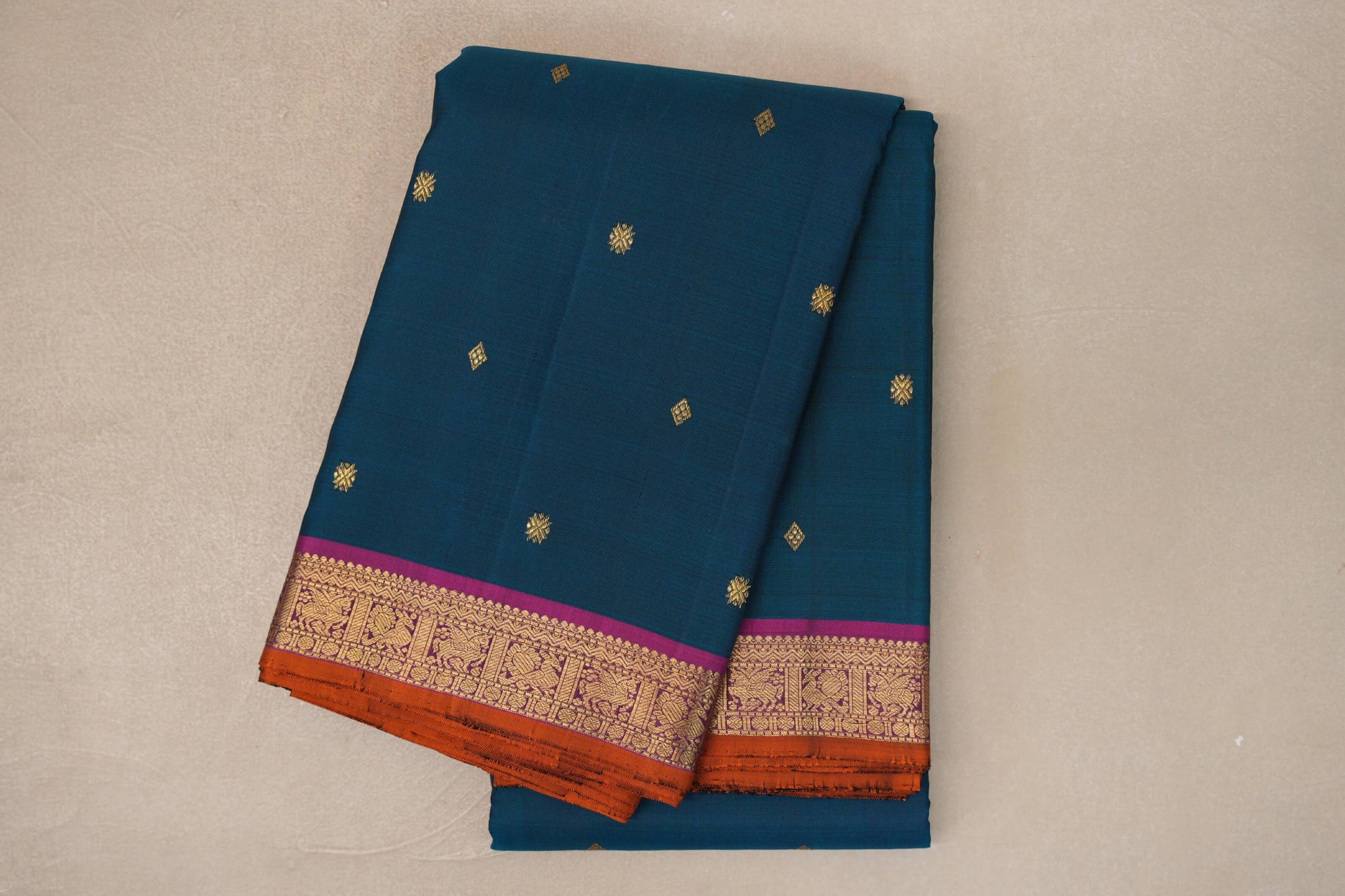 Deep Teal with Deep Magenta & Copper Orange Selvedge Borders Vintage Kanjivaram Silk Saree