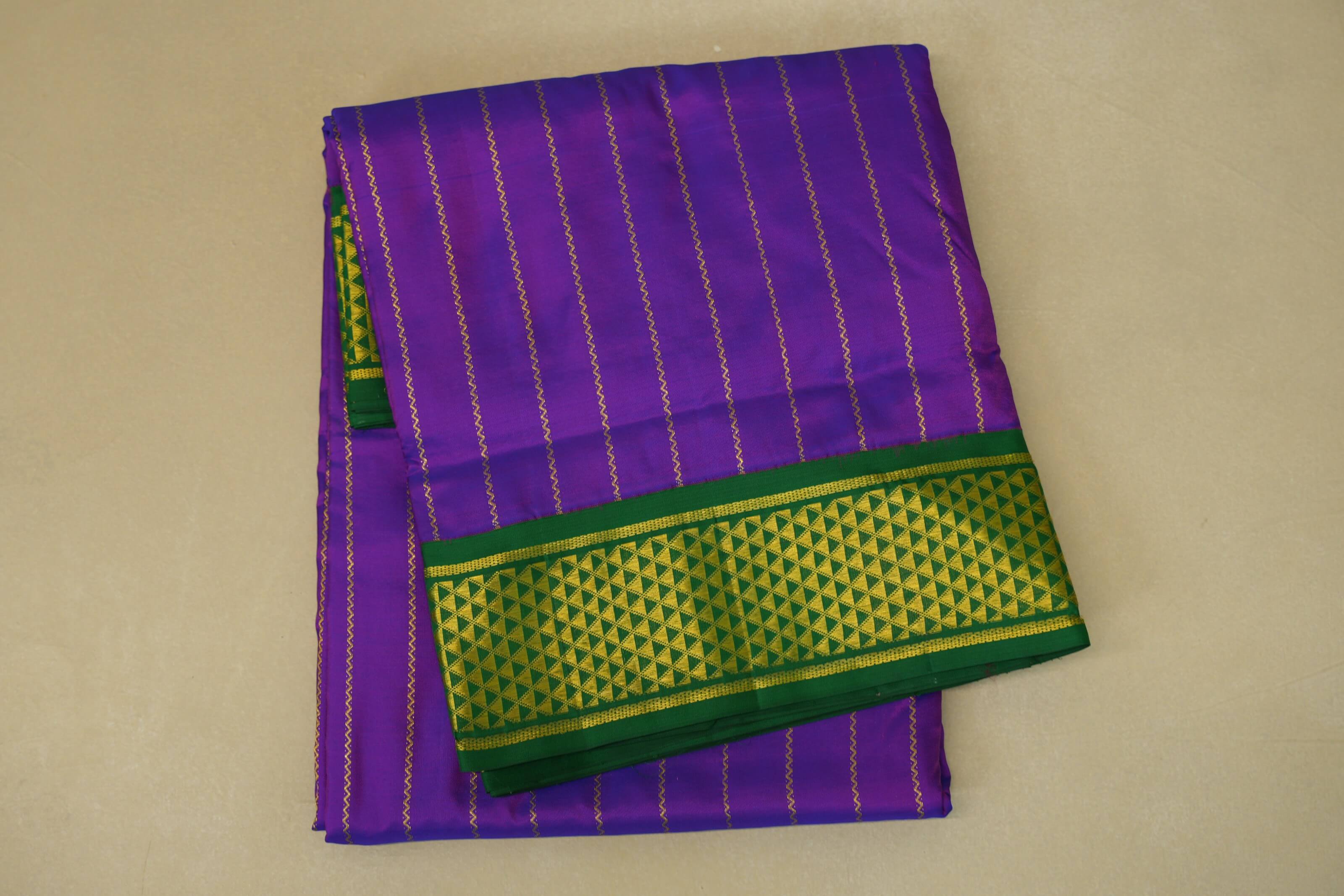 folded Dual Tone Violet and Magenta with Medium Green Borders Ten yards silk saree