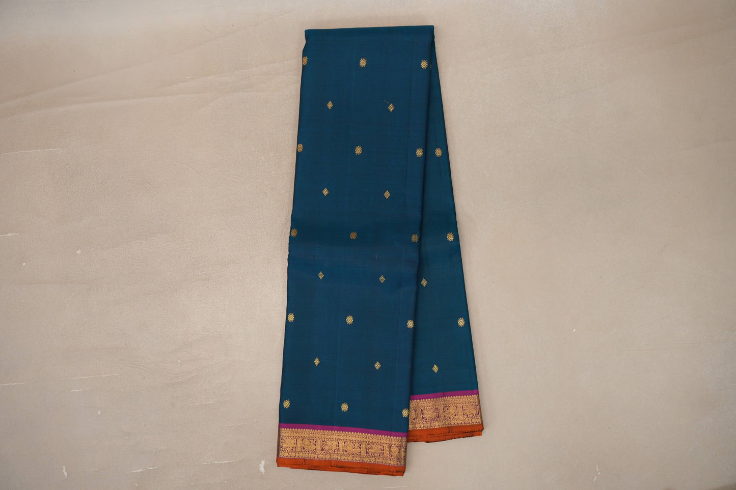 Online Deep Teal with Deep Magenta & Copper Orange Selvedge Borders Vintage Kanjivaram Silk Saree