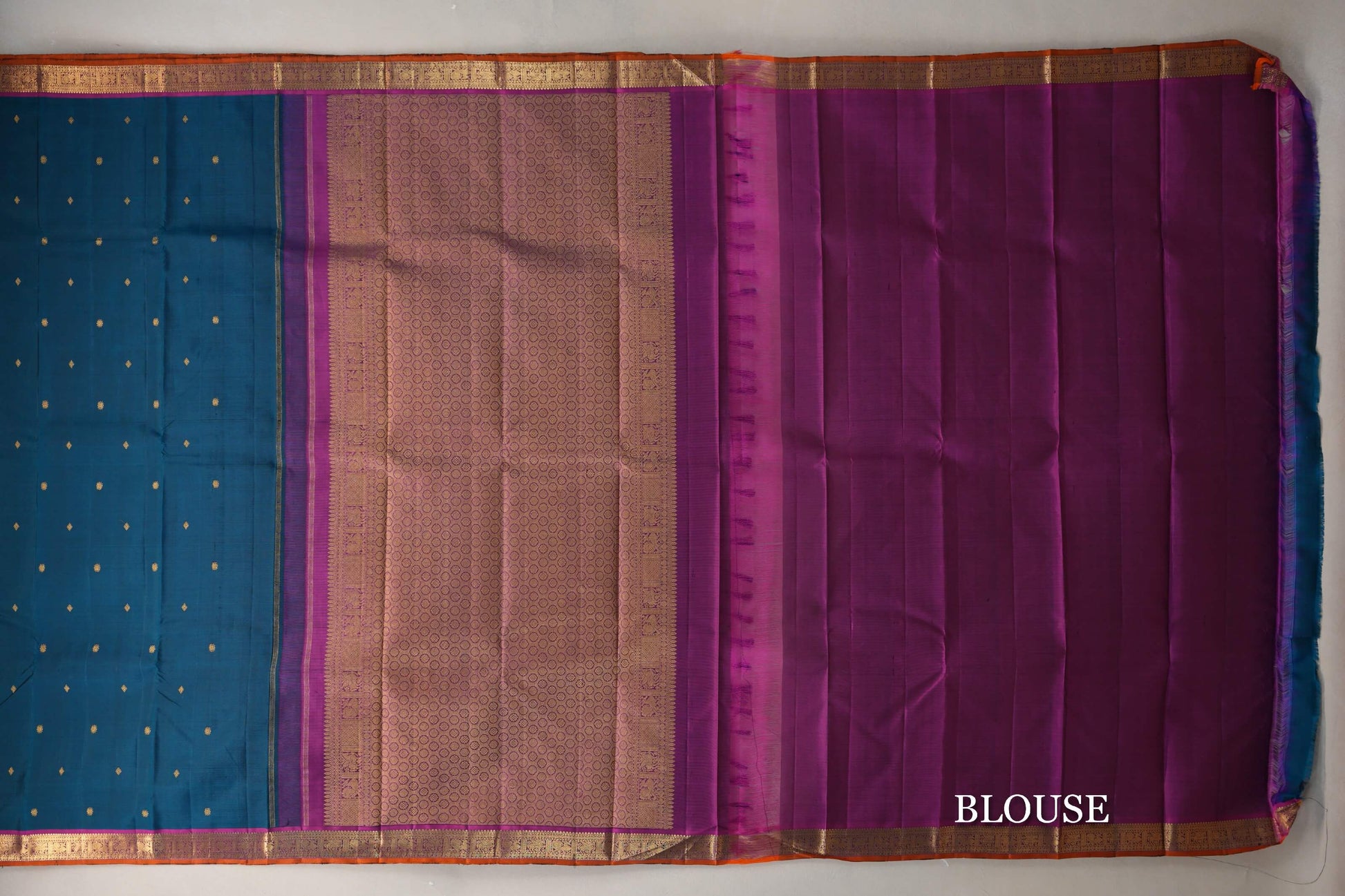 Deep Teal with Deep Magenta & Copper Orange Selvedge Borders Vintage Kanjivaram Silk Saree blouse