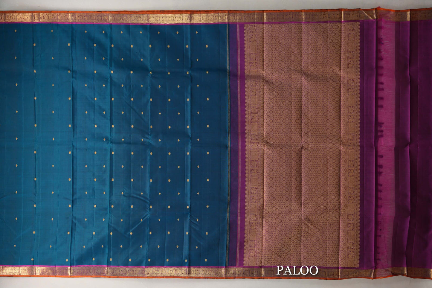Deep Teal with Deep Magenta & Copper Orange Selvedge Borders Vintage Kanjivaram Silk Saree paloo