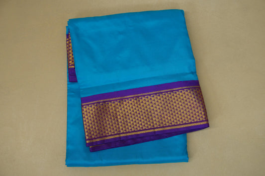 Azure Blue with Violet Borders Ten yards silk Saree folded