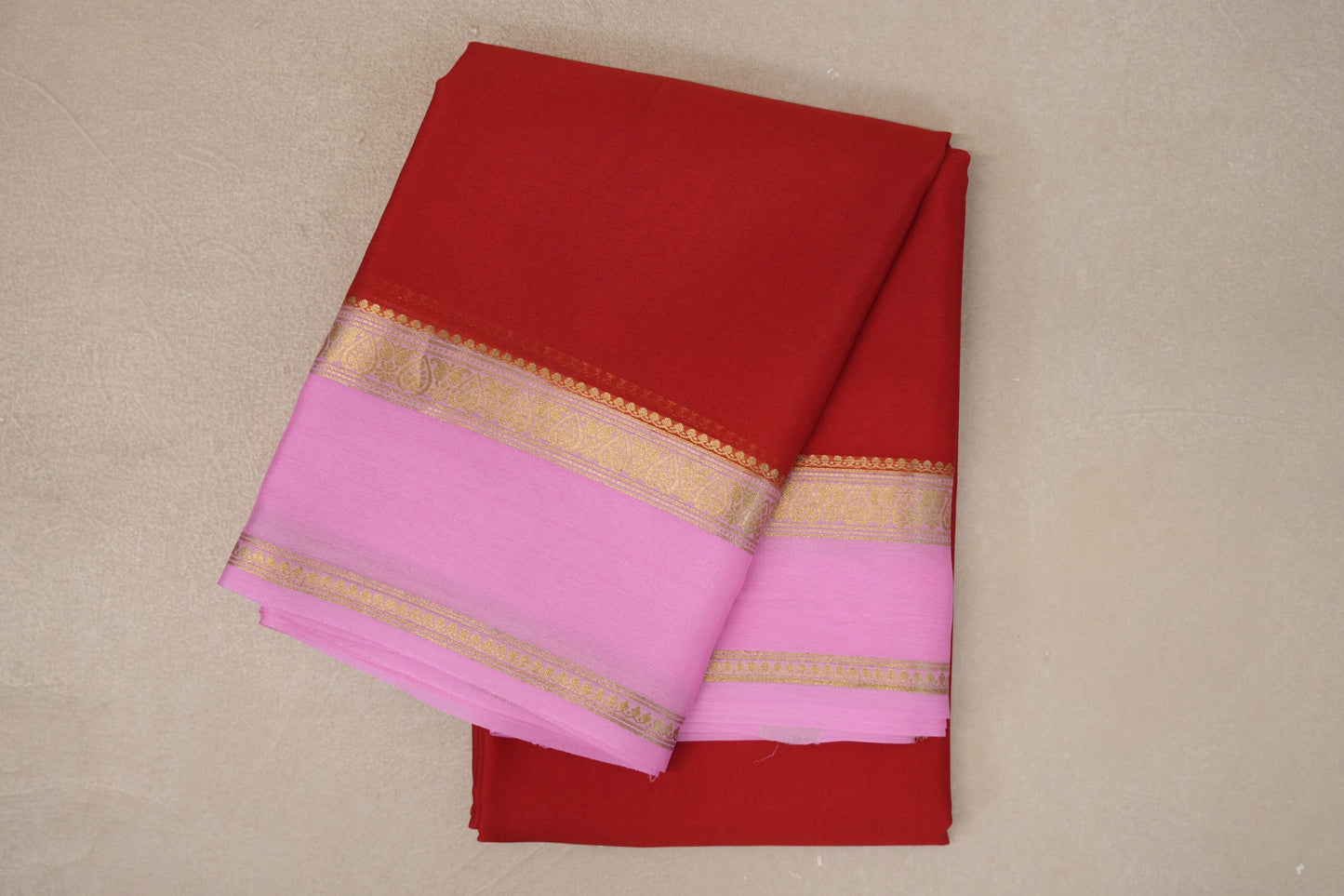 Bright Red with Pink Border Mysore Silk Saree 