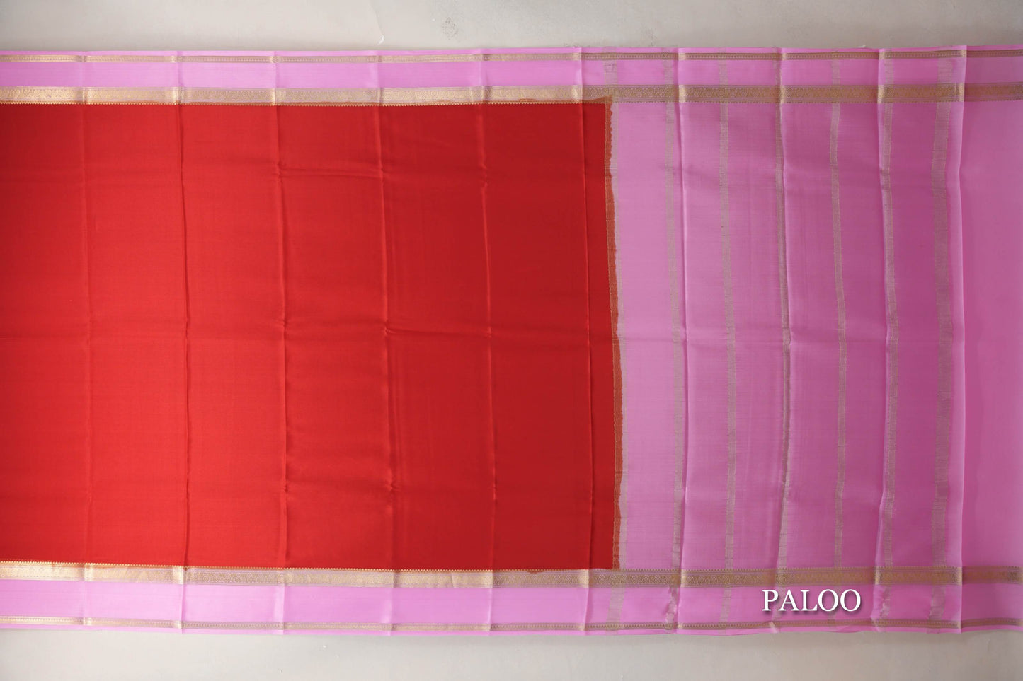 Bright Red with Pink Border Mysore Silk Saree paloo