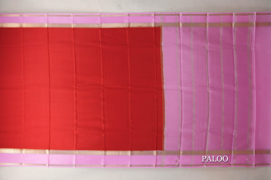 Bright Red with Pink Border Mysore Silk Saree paloo
