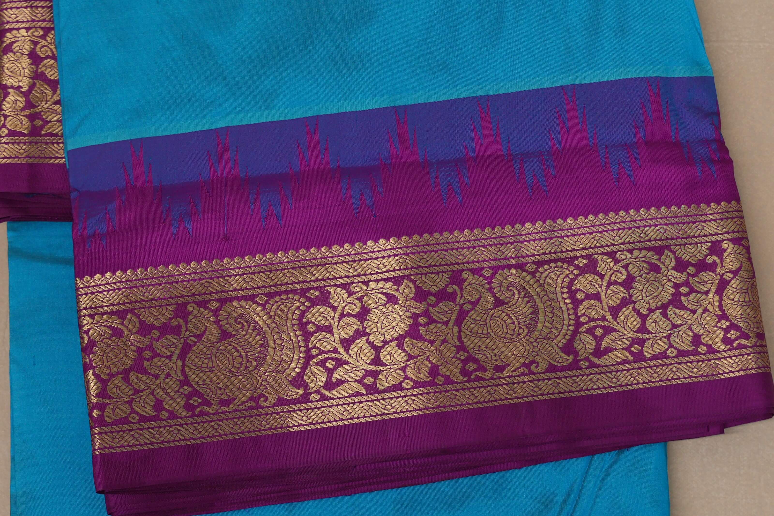 Deep sky Blue with magenta Borders Ten Yards Silk Saree by Shreenivas silks borders