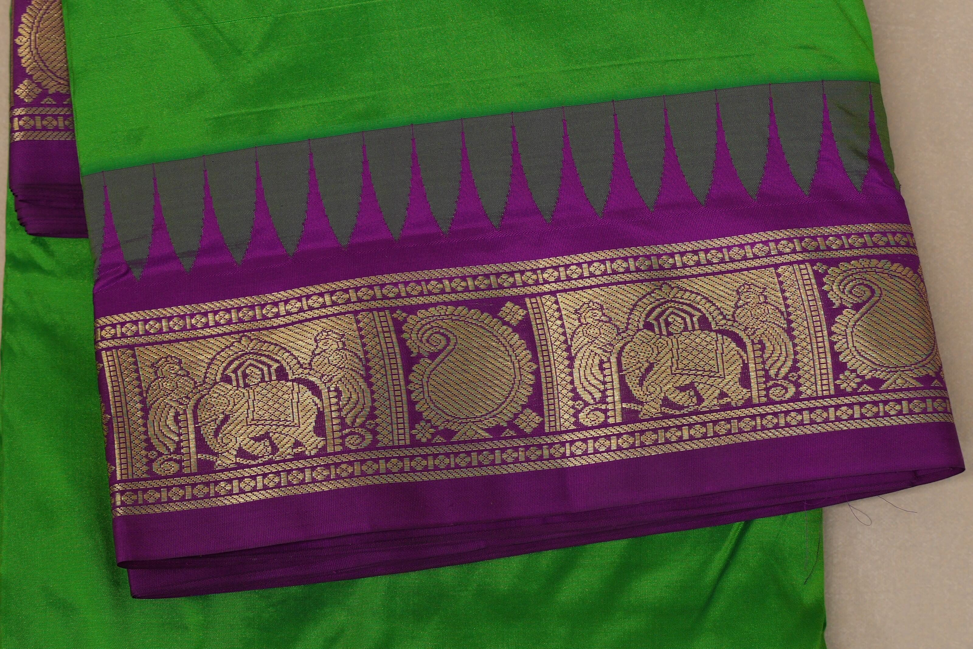 Parrot Green with purple borders Ten yards silk saree border