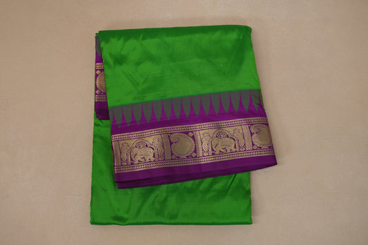 Parrot Green with purple borders Ten yards silk saree