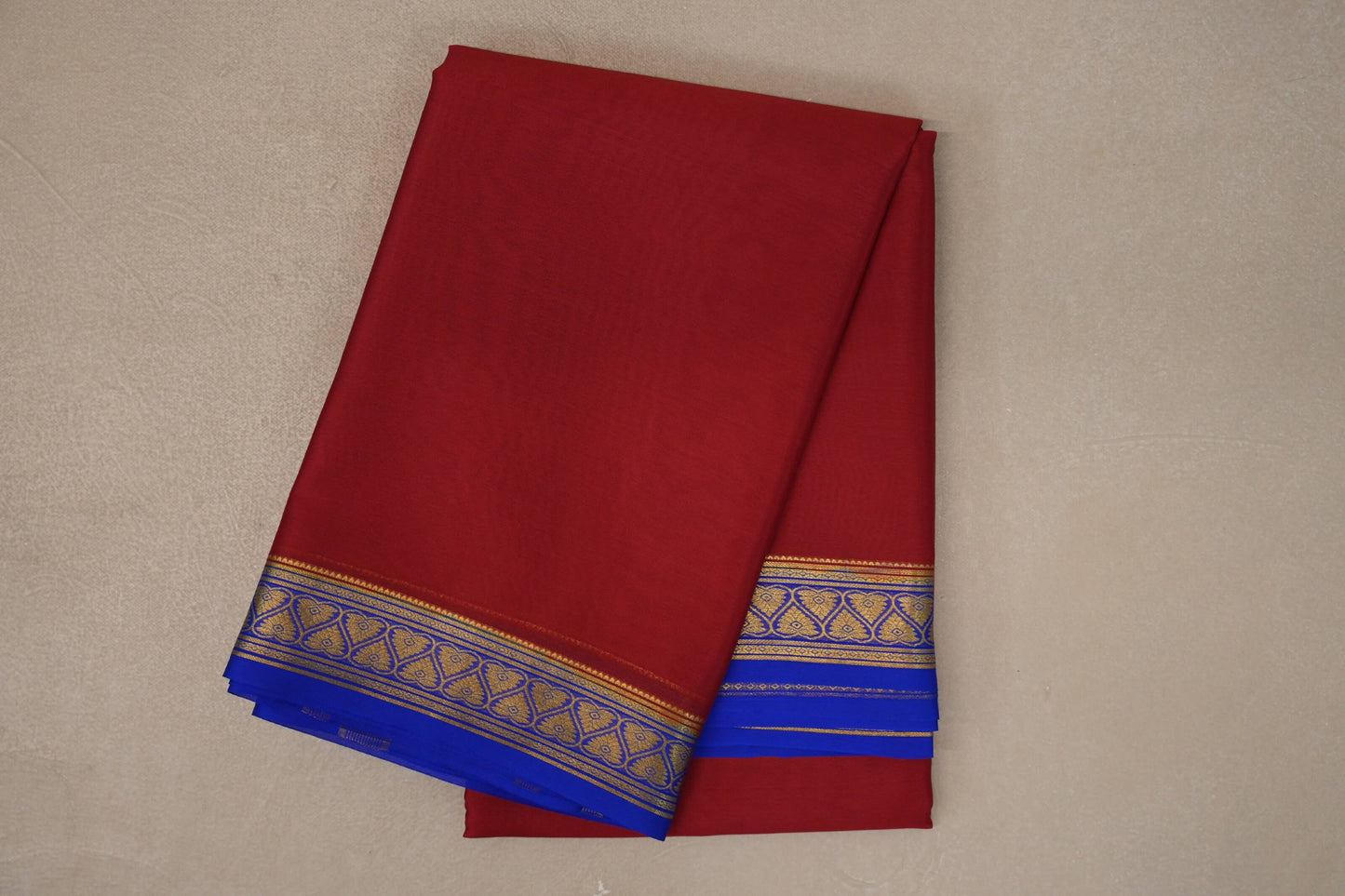 Deep Red with Royal Blue Borders Mysore Silk Saree