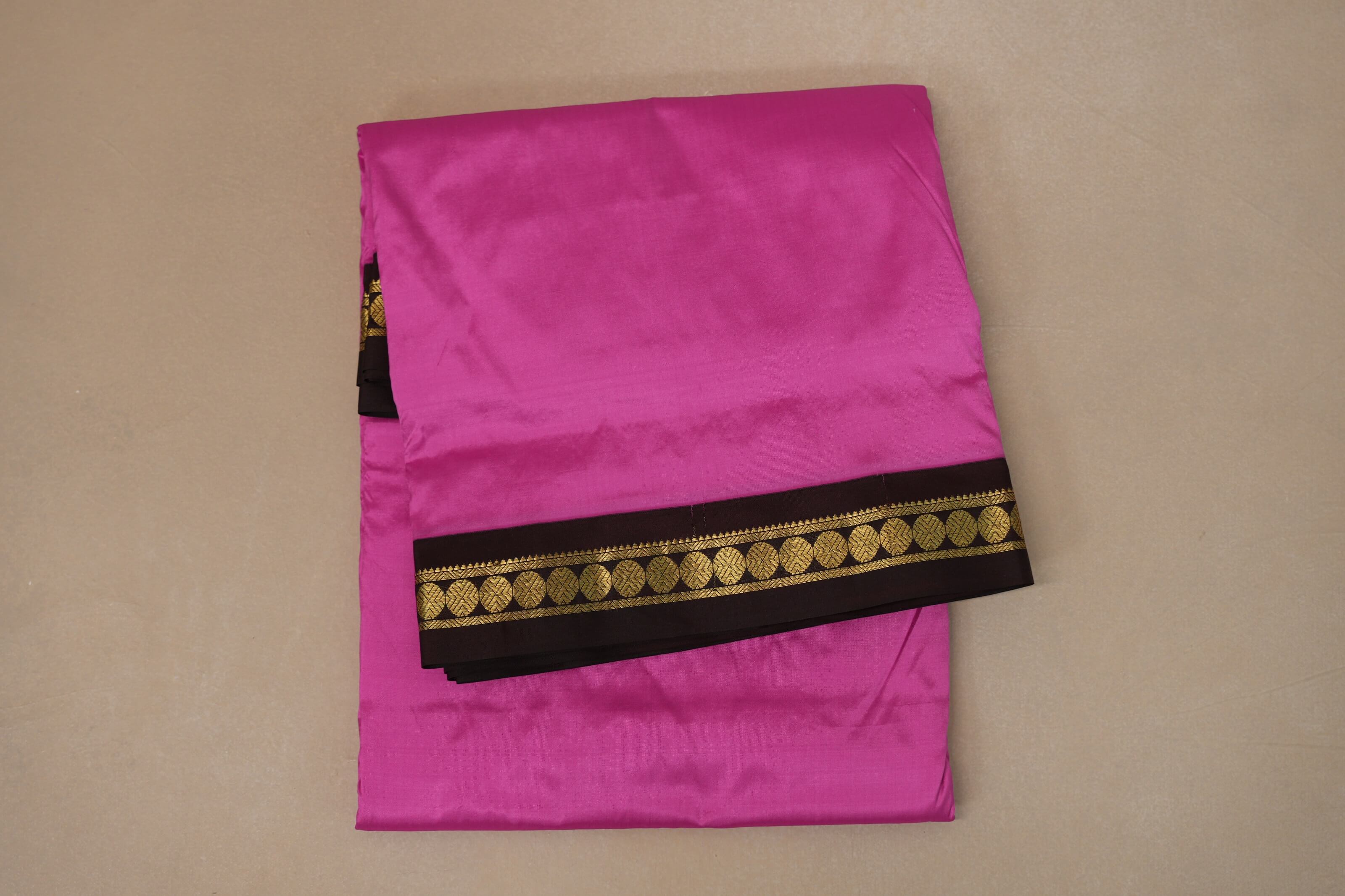 Hot pink with Dark coffee brown Borders Ten Yards Silk Saree