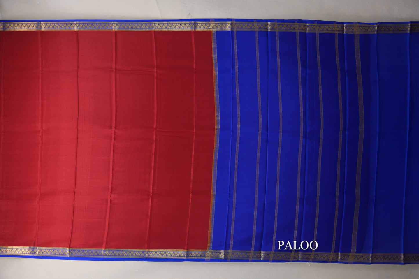 Deep Red with Royal Blue Borders Mysore Silk Saree paloo