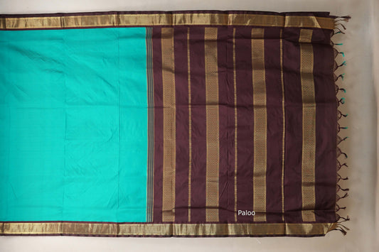 Aqua green with Coffee Brown borders Ten Yards Silk Saree paloo