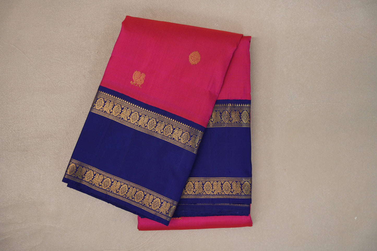 Rani pink with Deep Blue borders Vintage Kanjivaram Silk Saree