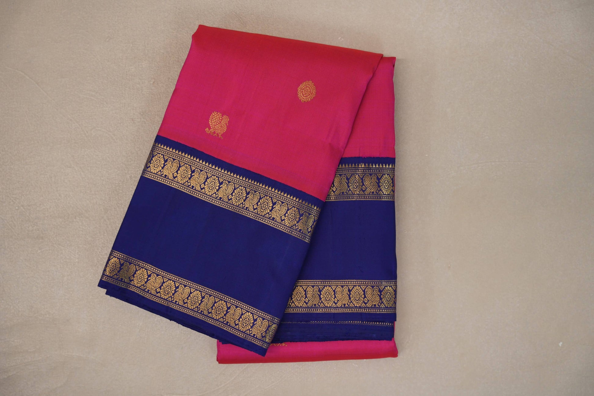 Rani pink with Deep Blue borders Vintage Kanjivaram Silk Saree