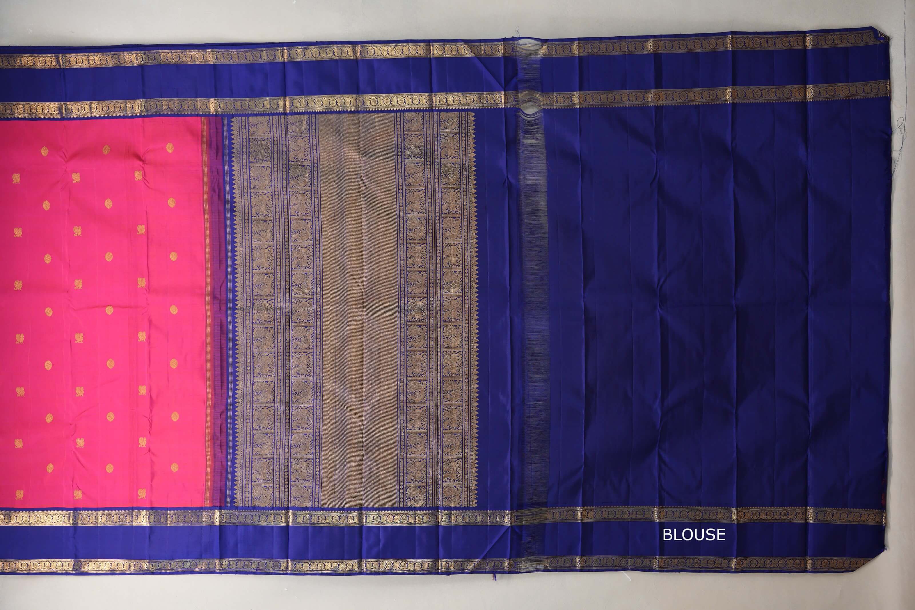 Rani pink with Deep Blue borders Vintage Kanjivaram Silk Saree blouse