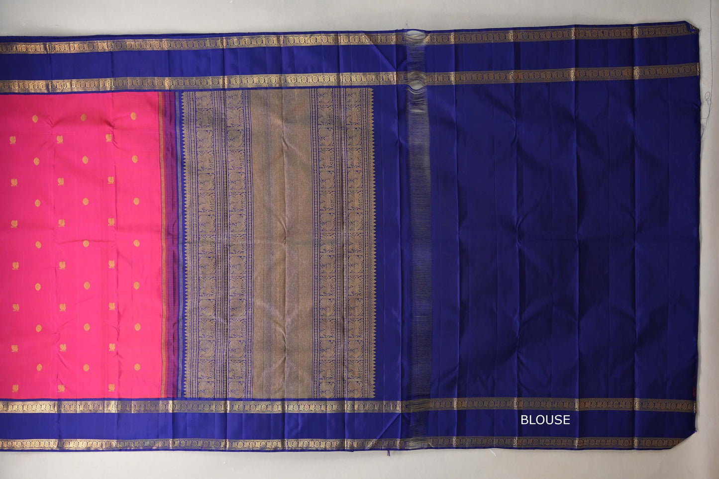 Rani pink with Deep Blue borders Vintage Kanjivaram Silk Saree blouse