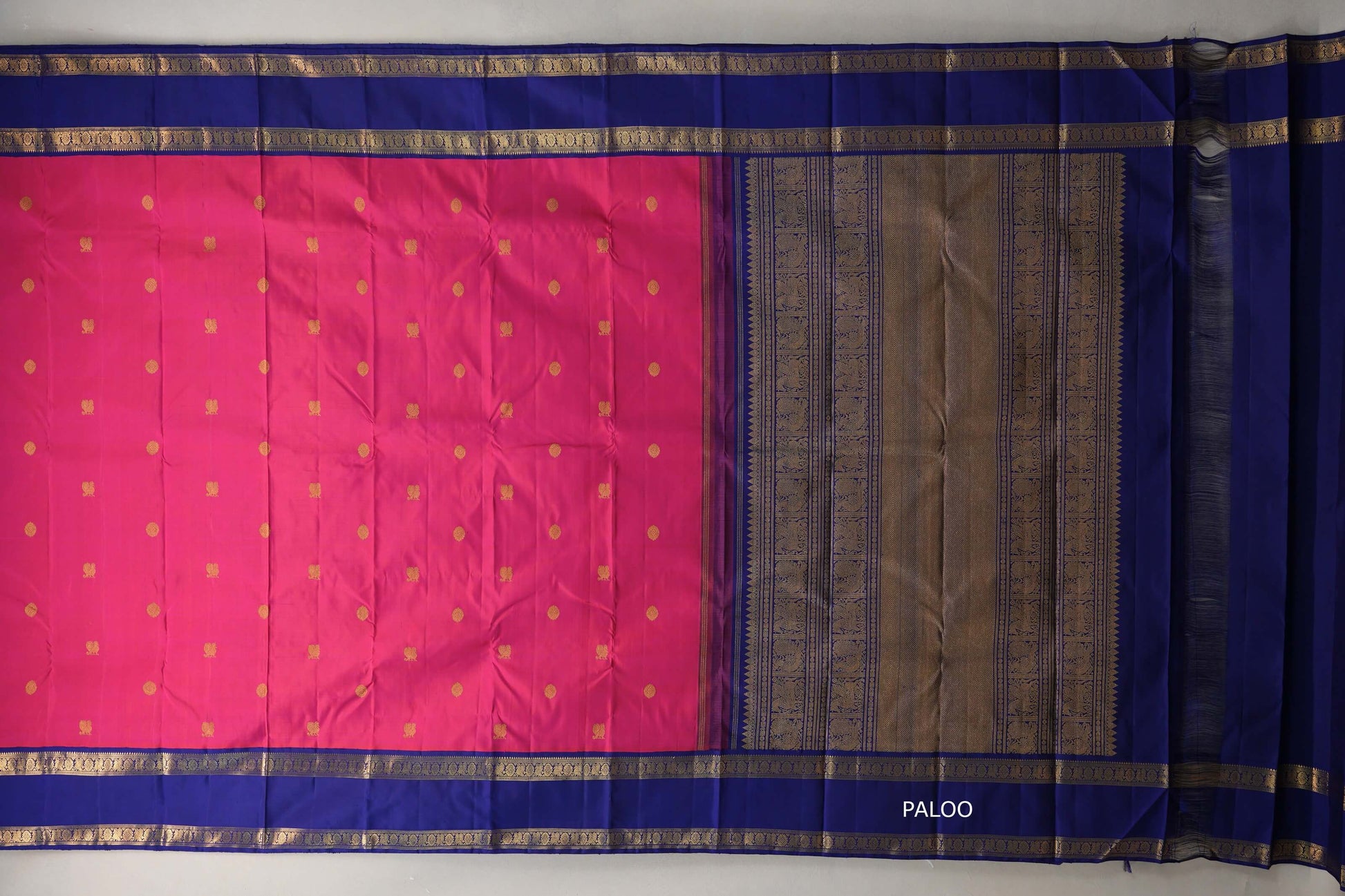 Rani pink with Deep Blue borders Vintage Kanjivaram Silk Saree paloo