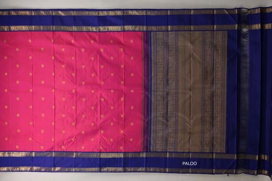Rani pink with Deep Blue borders Vintage Kanjivaram Silk Saree paloo
