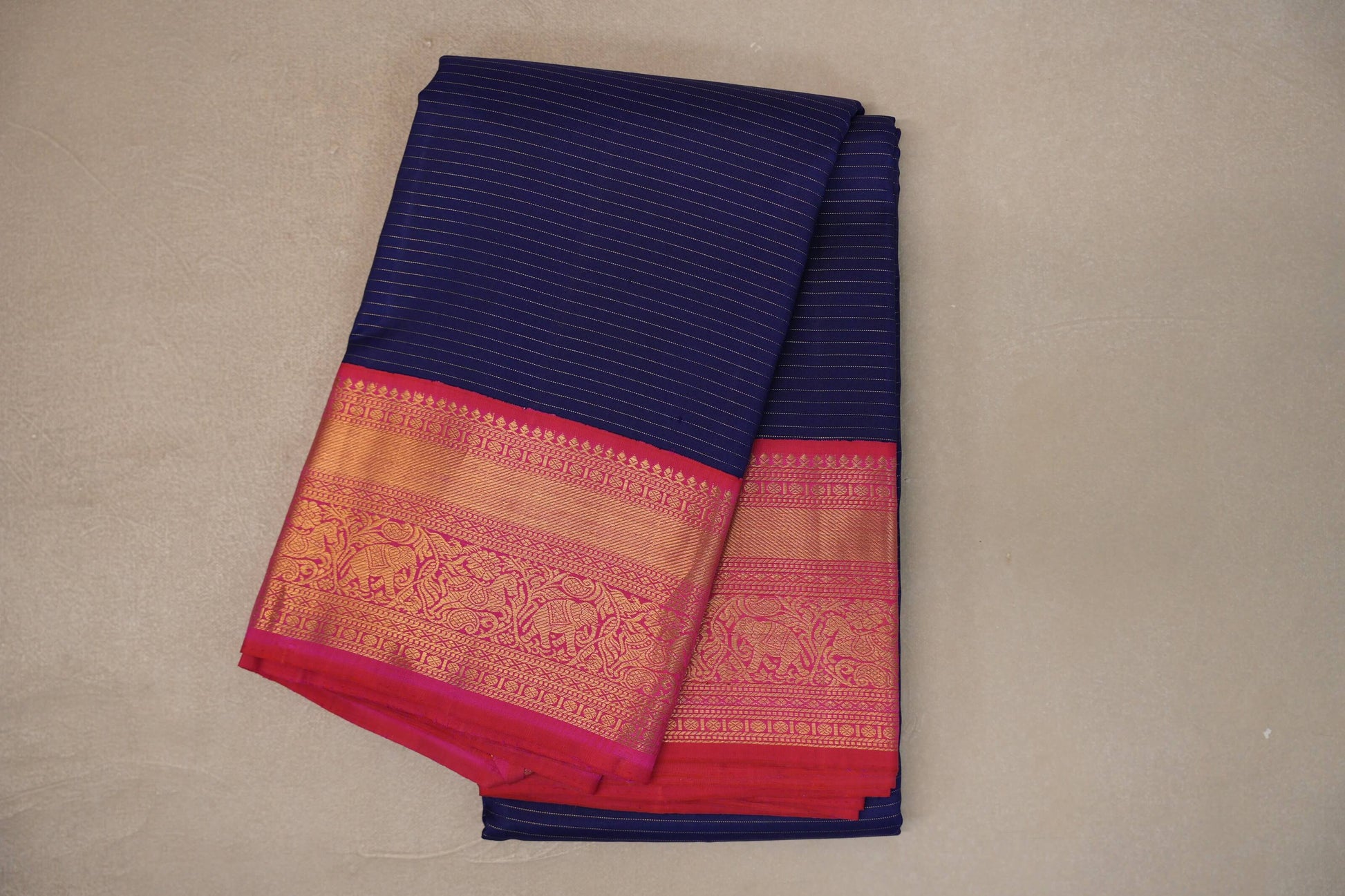 Deep blue with Orangish Pink borders Vintage Kanjivaram Silk Saree 