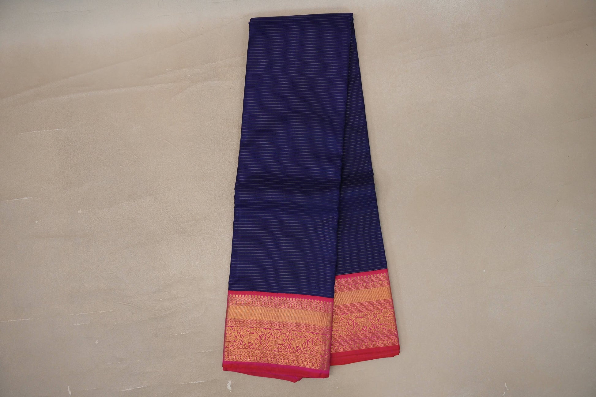 Deep blue with Orangish Pink borders Vintage Kanjivaram Silk Saree 