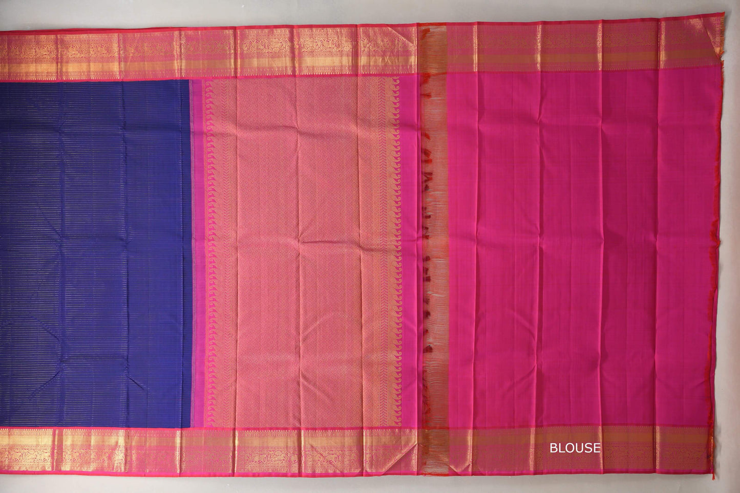 Deep blue with Orangish Pink borders Vintage Kanjivaram Silk Saree  blouse