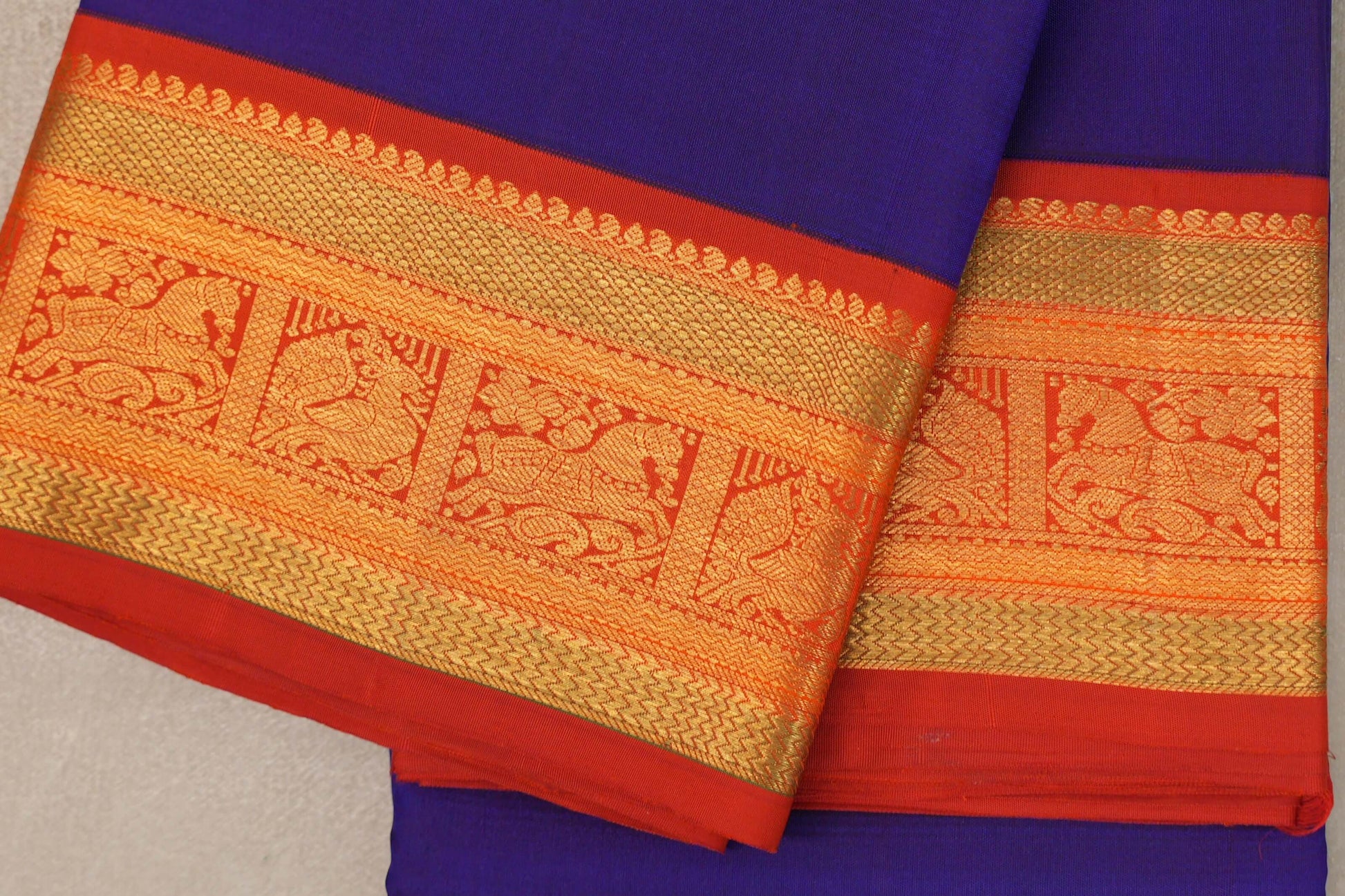Deep blue with Deep Orange borders Vintage Kanjivaram Silk Saree border