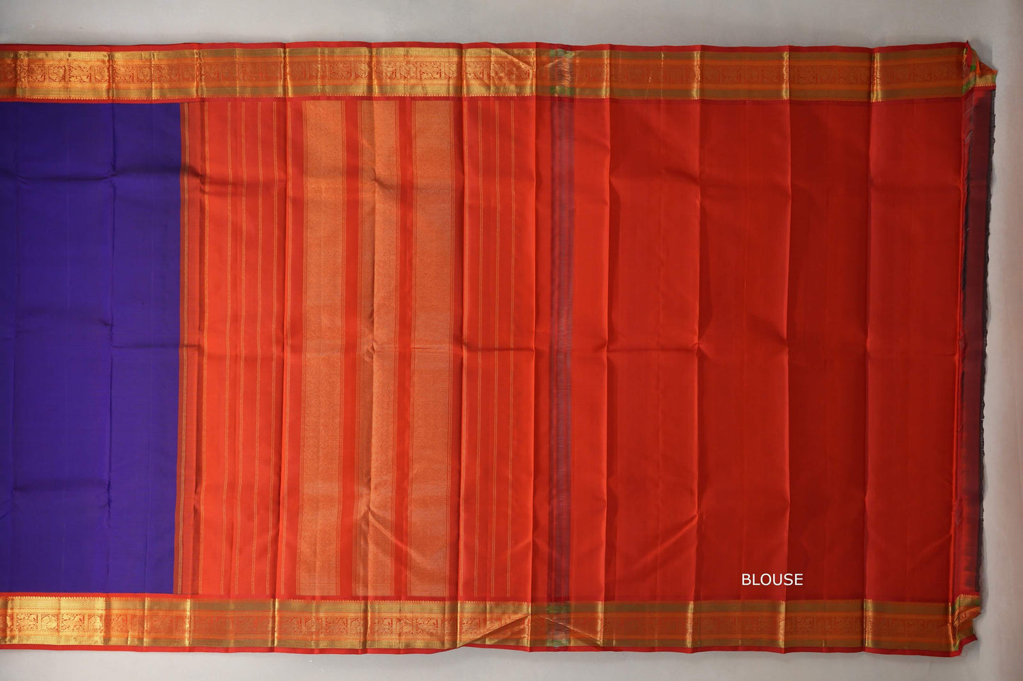 Deep blue with Deep Orange borders Vintage Kanjivaram Silk Saree blouse