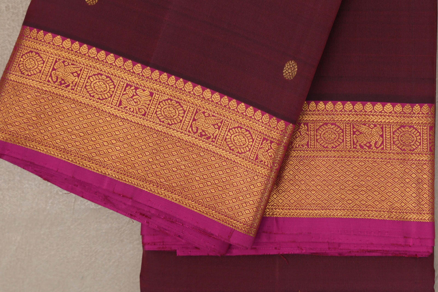 Deep maroon with Bright Magenta Pink borders Vintage Kanjivaram Silk Saree