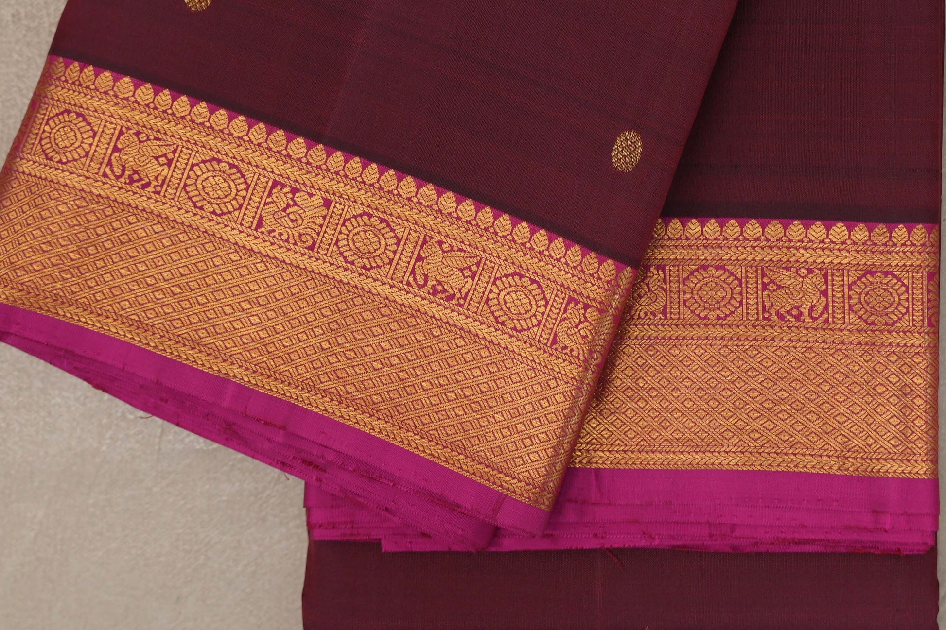 Deep maroon with Bright Magenta Pink borders Vintage Kanjivaram Silk Saree