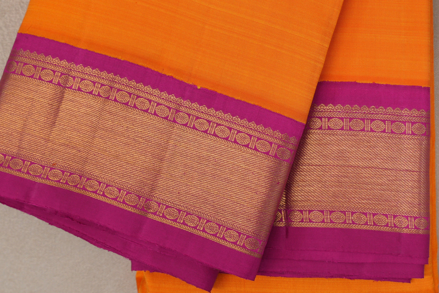 Mango orange with Rani Pink borders Vintage Kanjivaram Silk Saree SS9835