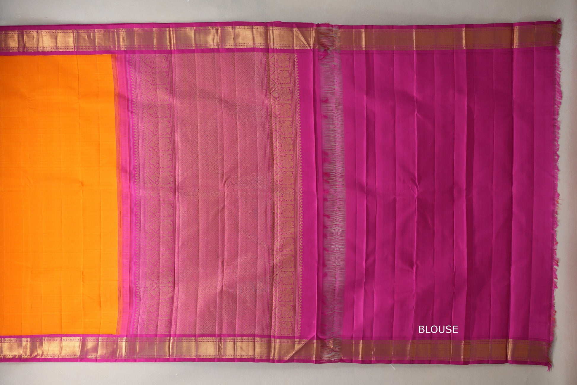  Mango orange with Rani Pink borders Vintage Kanjivaram Silk Saree blouse