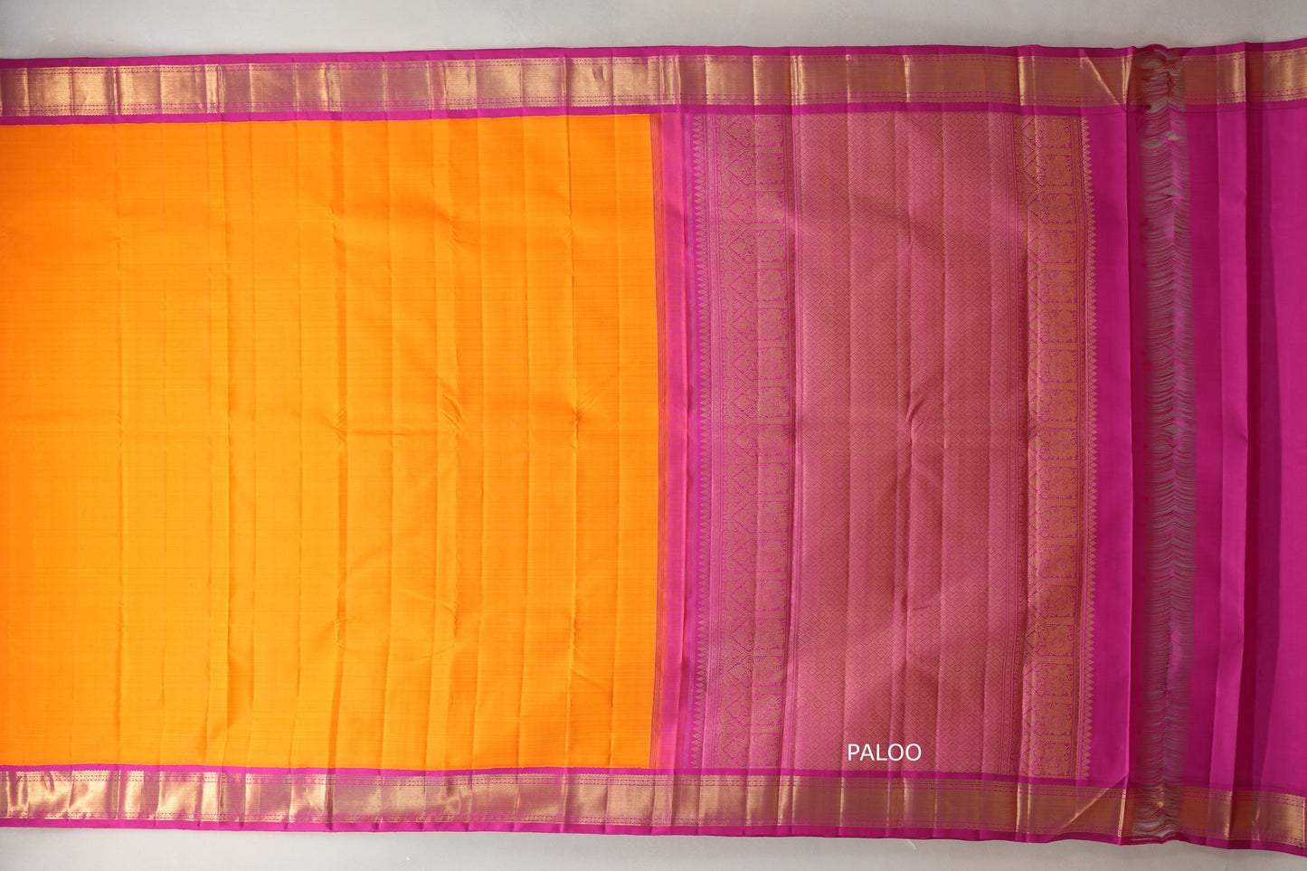 Mango orange with Rani Pink borders Vintage Kanjivaram Silk Saree paloo