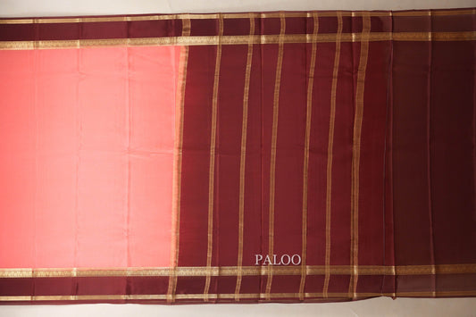 Peach Pink with Deep Maroon Borders Mysore Silk Saree paloo
