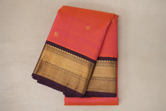 Dual Tone of Orange & Pink with Deep Plum Borders Plant Based Kanjivaram Silk Saree