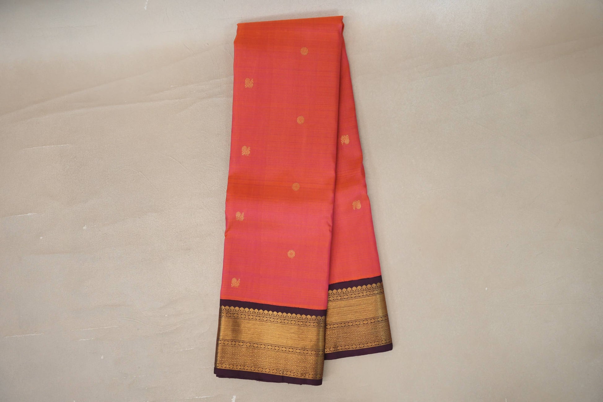 Online Dual Tone of Orange & Pink with Deep Plum Borders Plant Based Kanjivaram Silk Saree