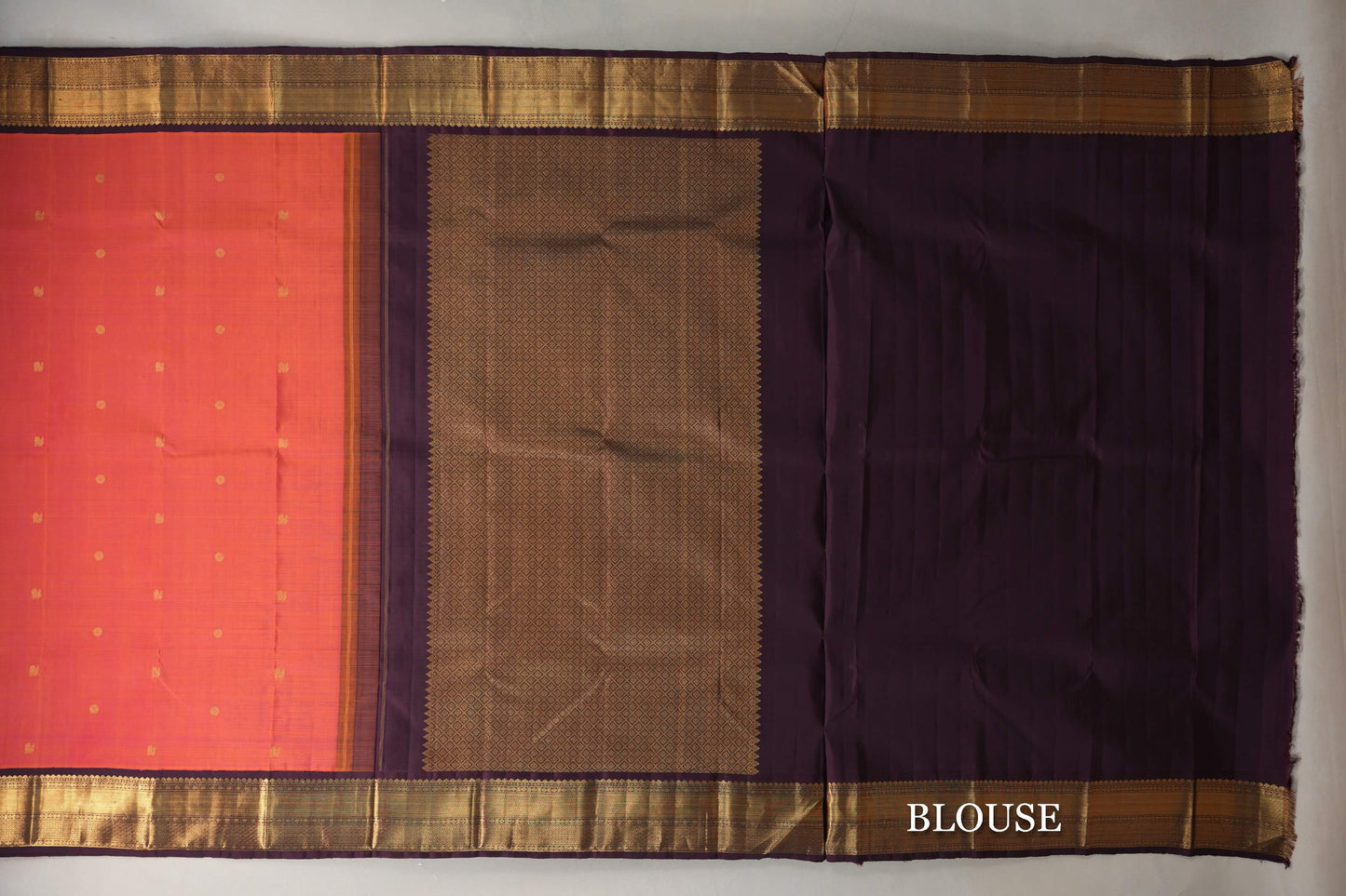 Dual Tone of Orange & Pink with Deep Plum Borders Plant Based Kanjivaram Silk Saree blouse