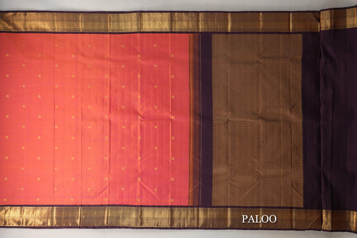 Dual Tone of Orange & Pink with Deep Plum Borders Plant Based Kanjivaram Silk Saree paloo