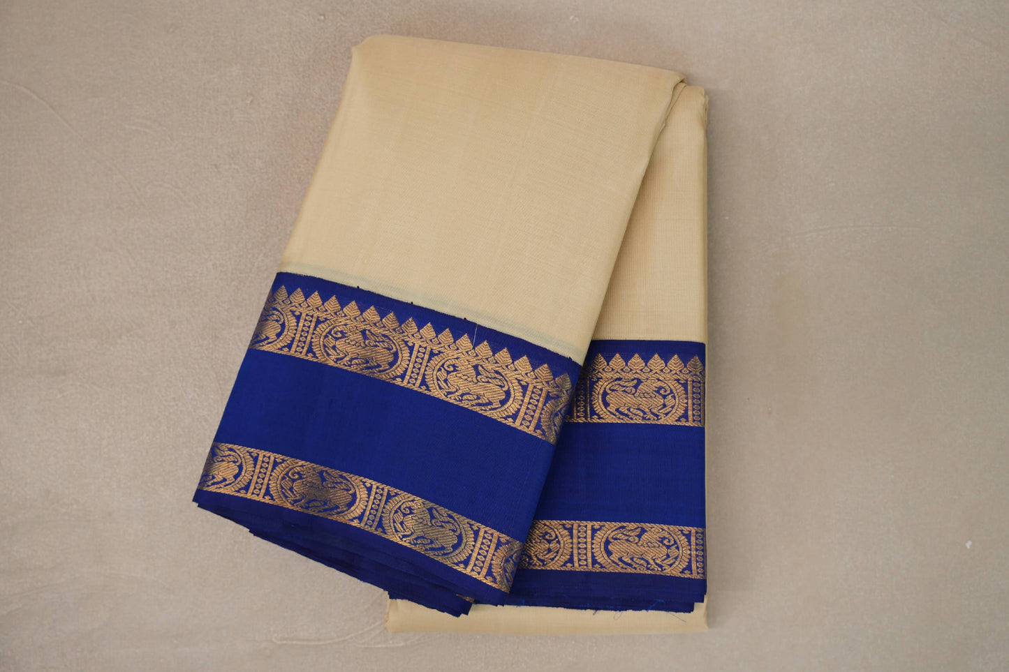 Cream Beige with Deep Royal Blue Rettai Pettu Borders Plant Based Kanjivaram Silk Saree