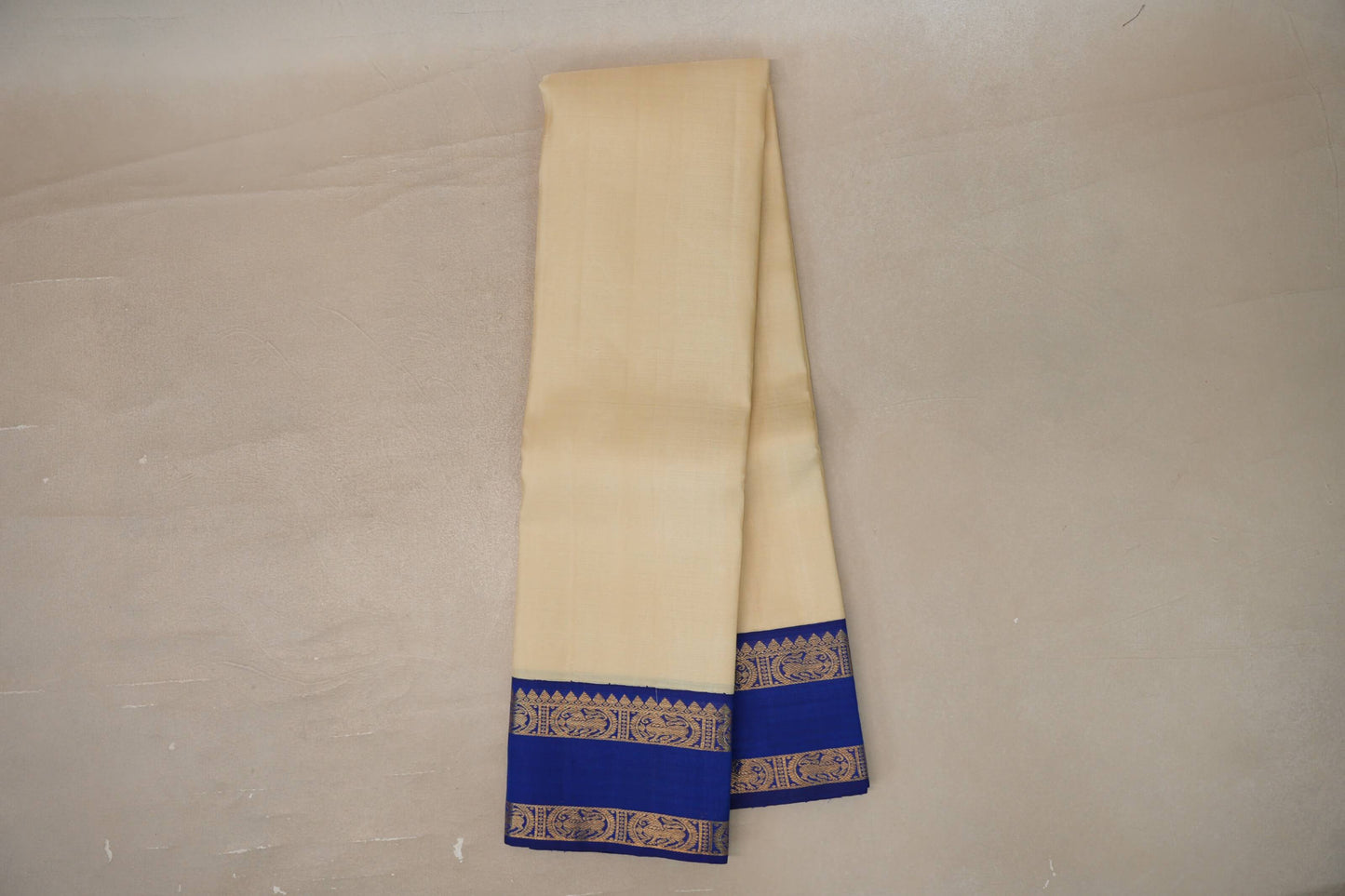 Online Cream Beige with Deep Royal Blue Rettai Pettu Borders Plant Based Kanjivaram Silk Saree