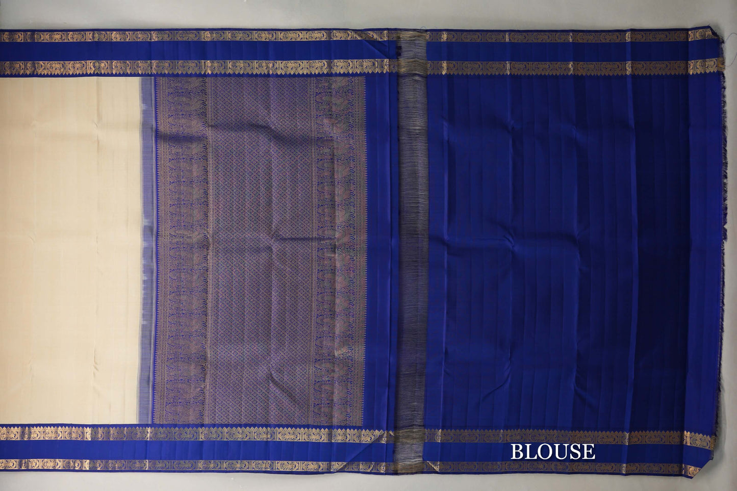 Cream Beige with Deep Royal Blue Rettai Pettu Borders Plant Based Kanjivaram Silk Saree blouse